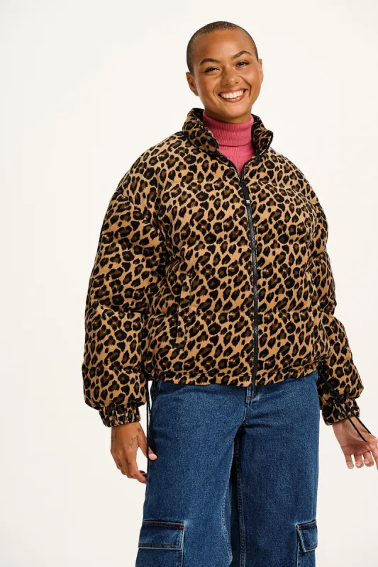 Paloma - Corduroy Puffer Jacket in Leopard Print sold by Lucy & Yak