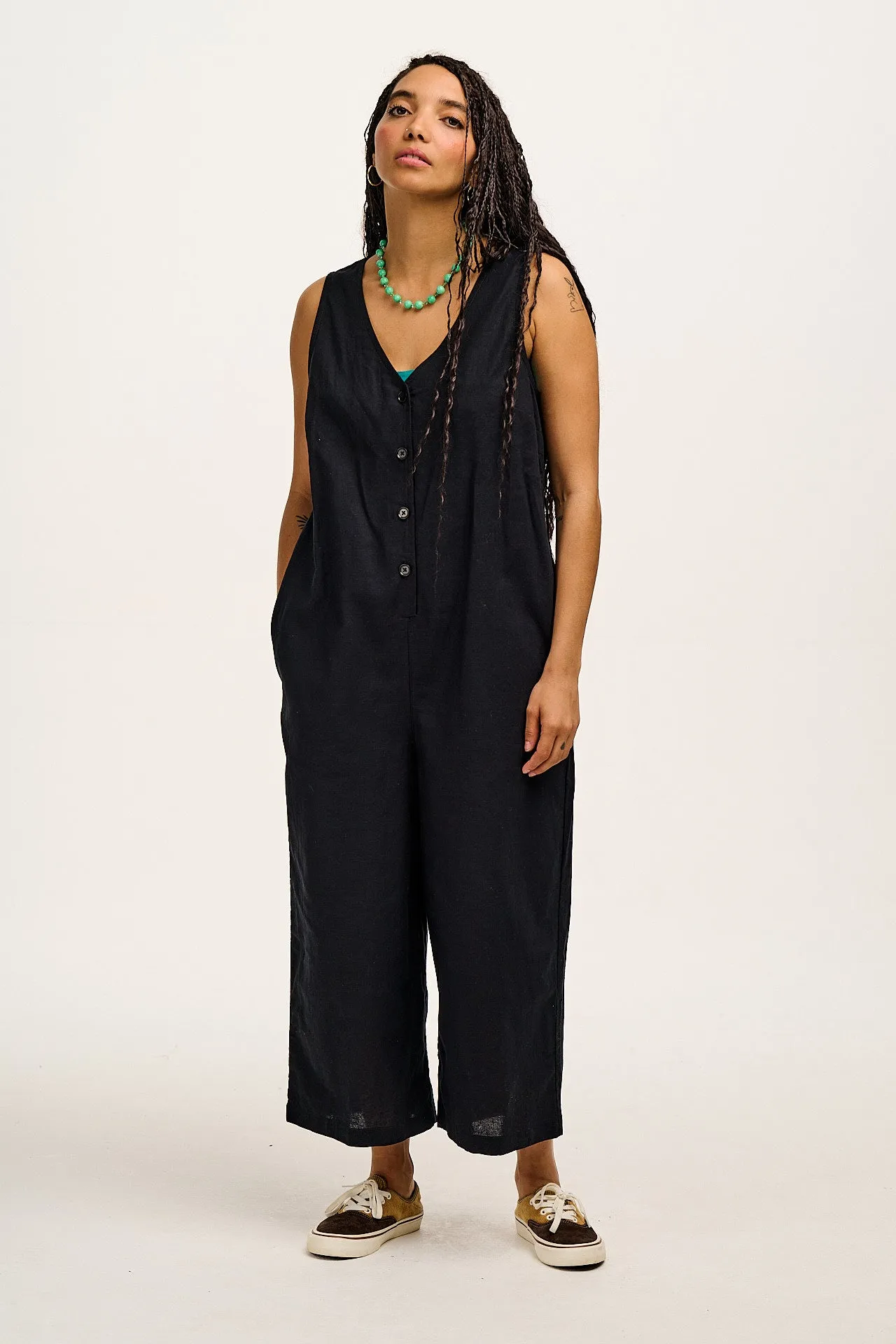 Finn - V-Neck Cotton & Linen Jumpsuit in Black sold by Lucy & Yak product image thumbnail 5