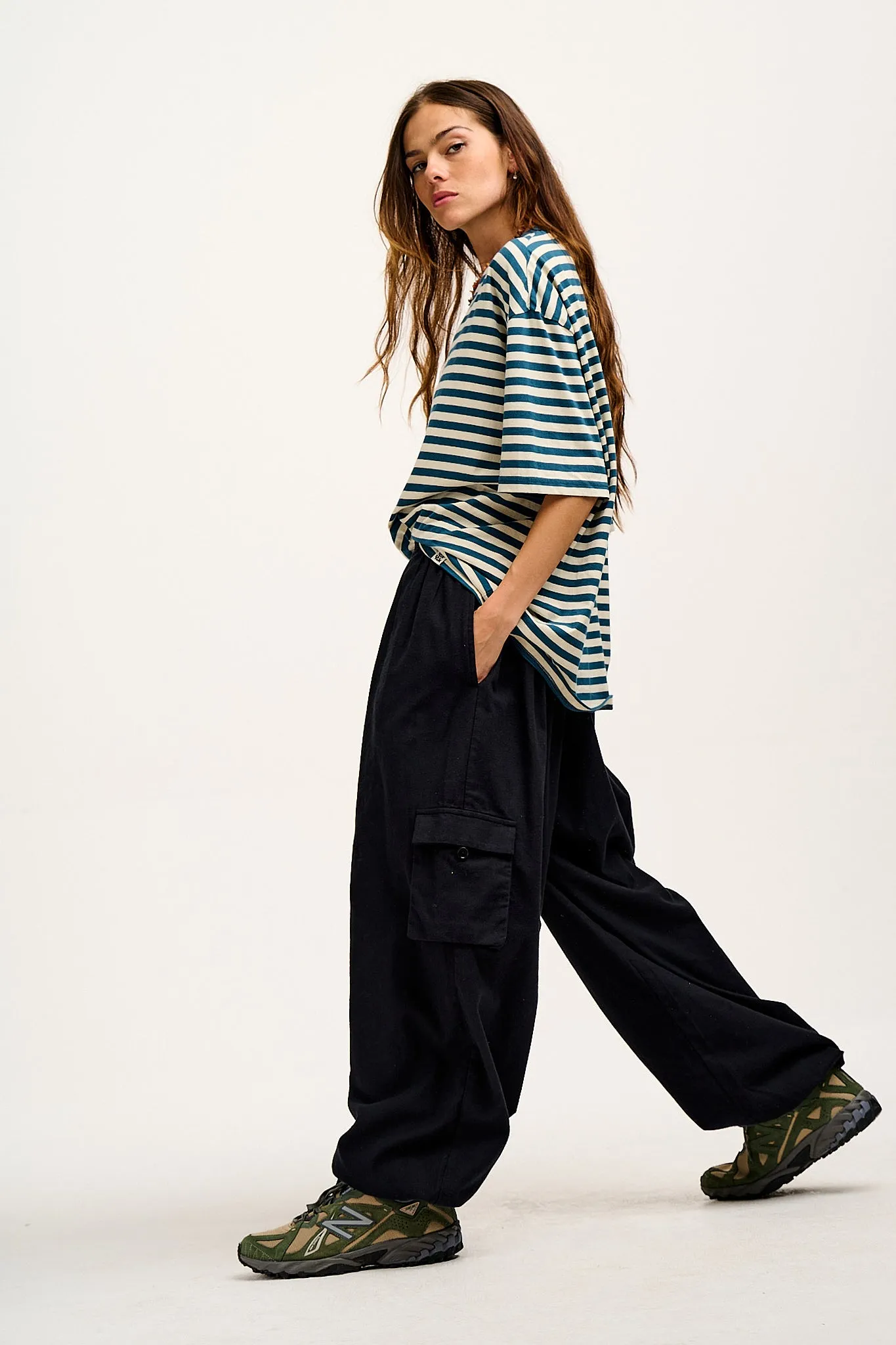 Rumi - Brushed Cotton Barrel Trousers in Black sold by Lucy & Yak