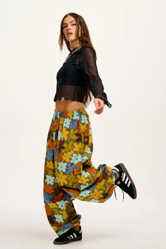 Rumi - Cargo Brushed Cotton Trousers in Bubble Floral Print sold by Lucy & Yak
