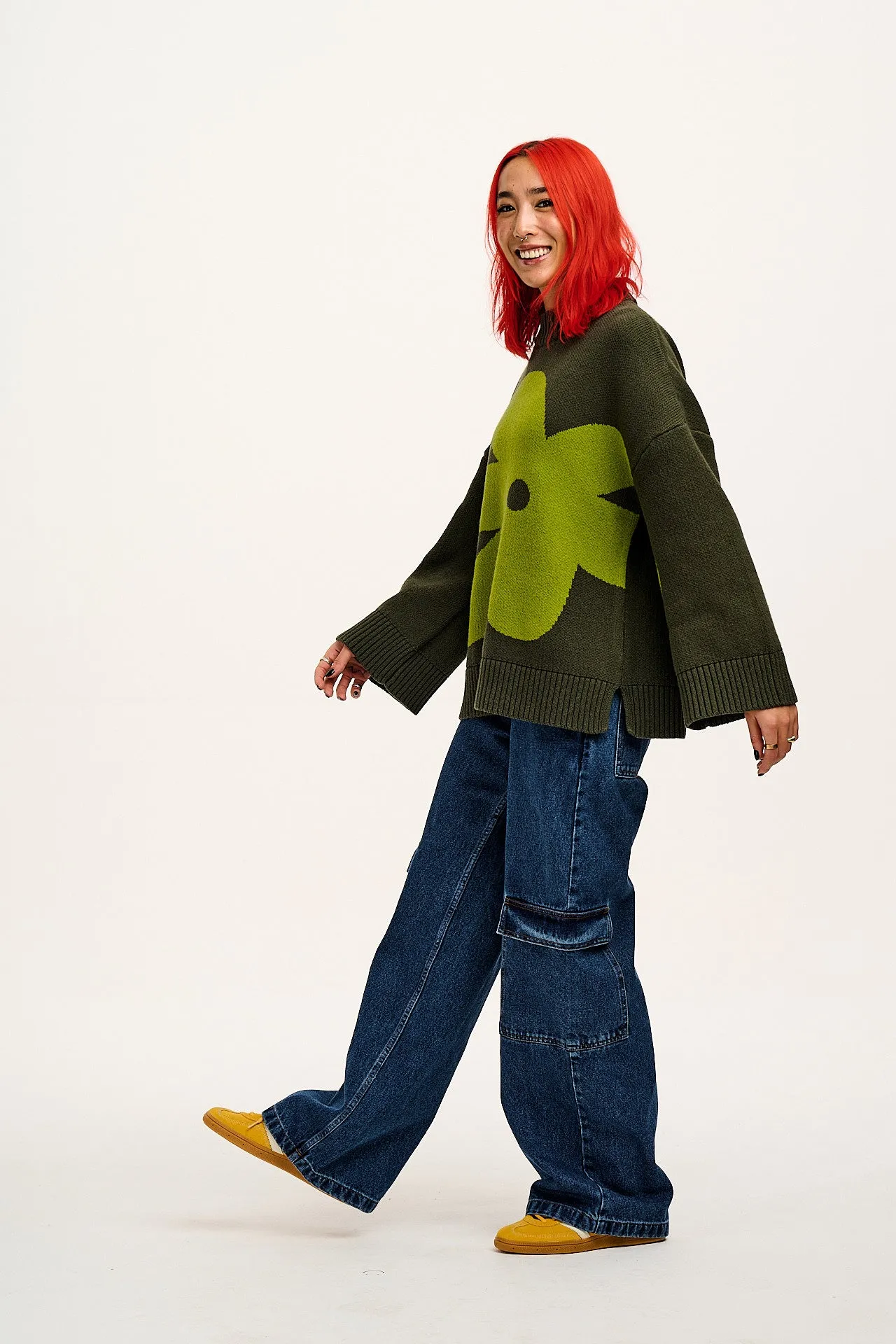 Amari - Oversized Knitted Sweater in Green Melanie Print sold by Lucy & Yak product image thumbnail 4