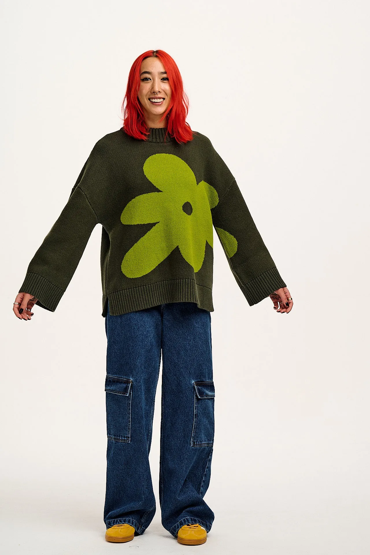 Amari - Oversized Knitted Sweater in Green Melanie Print sold by Lucy & Yak product image thumbnail 3