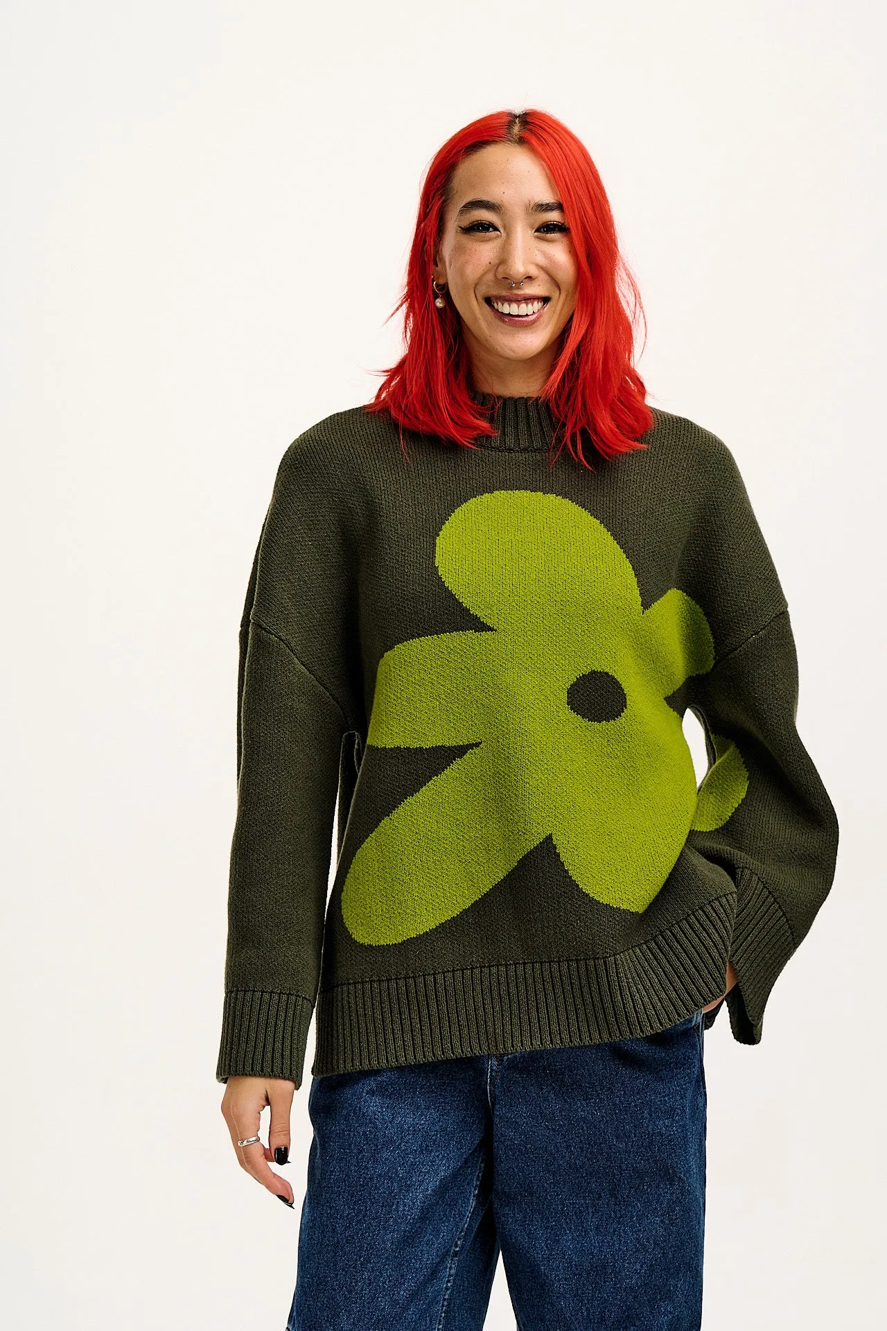 Amari - Oversized Knitted Sweater in Green Melanie Print sold by Lucy & Yak