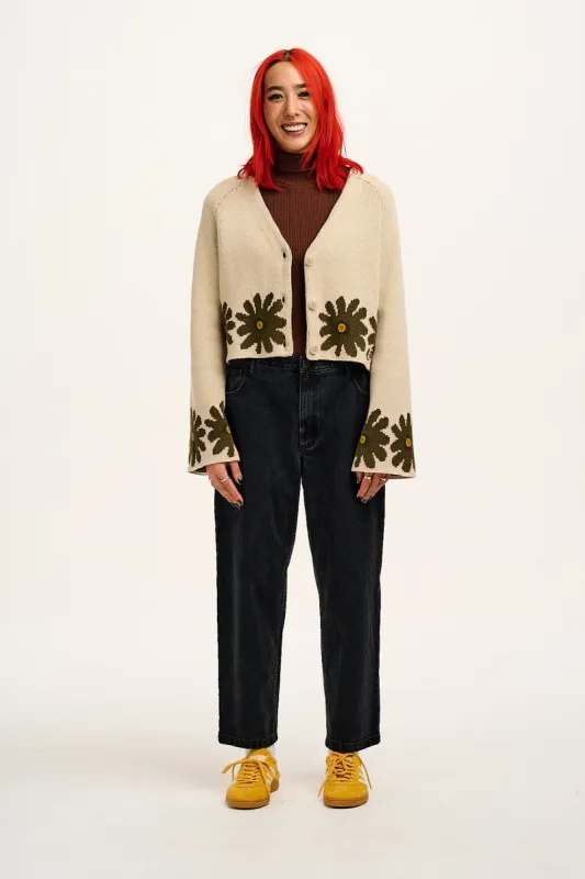 Robyn - V-Neck Knitted Cardigan in Ecru Floral Hem Print sold by Lucy & Yak