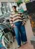 Robyn - V-Neck Knitted Cardigan in Oak Brown & Ecru Stripe sold by Lucy & Yak