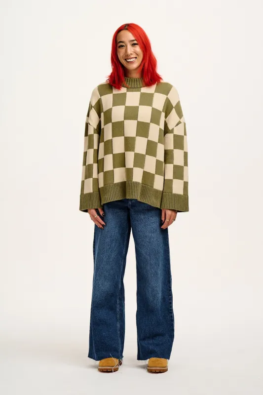 Amari - Oversized Knitted Sweater in Green Checkerboard sold by Lucy & Yak