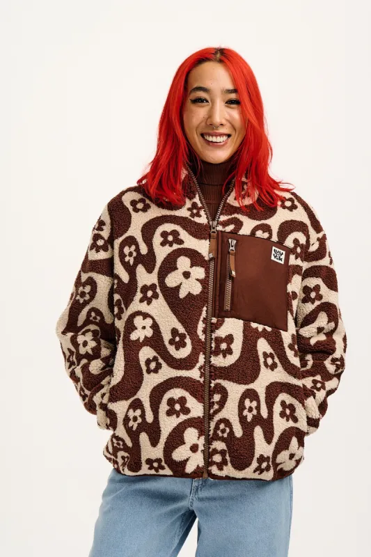 Harper - Borg Fleece Jacket in Brown & Cream Lou Print sold by Lucy & Yak