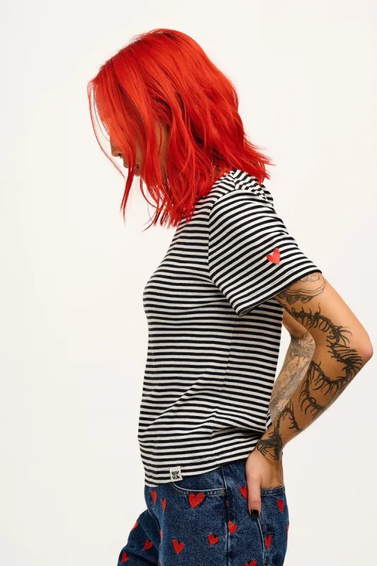 Maya - Cotton Tee in Black & White Stripe with Cupid Heart Embroidery sold by Lucy & Yak