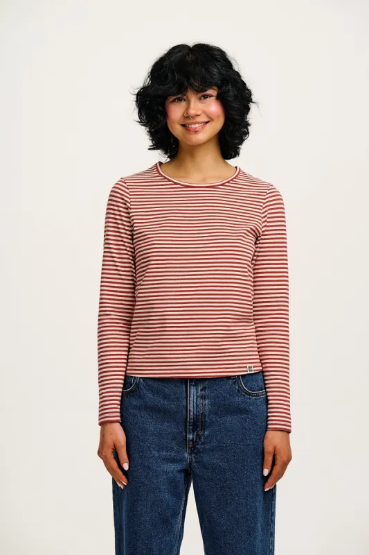 Rey - Long Sleeve Cotton Top in Maroon & Ecru Stripe sold by Lucy & Yak