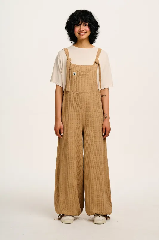 Ali - Wide Leg Waffle Cotton Dungarees in Tan sold by Lucy & Yak