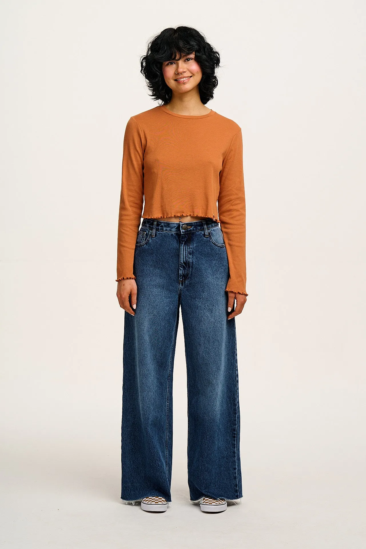 Hansel - Long Sleeve Cotton Crop Top in Amber Orange sold by Lucy & Yak