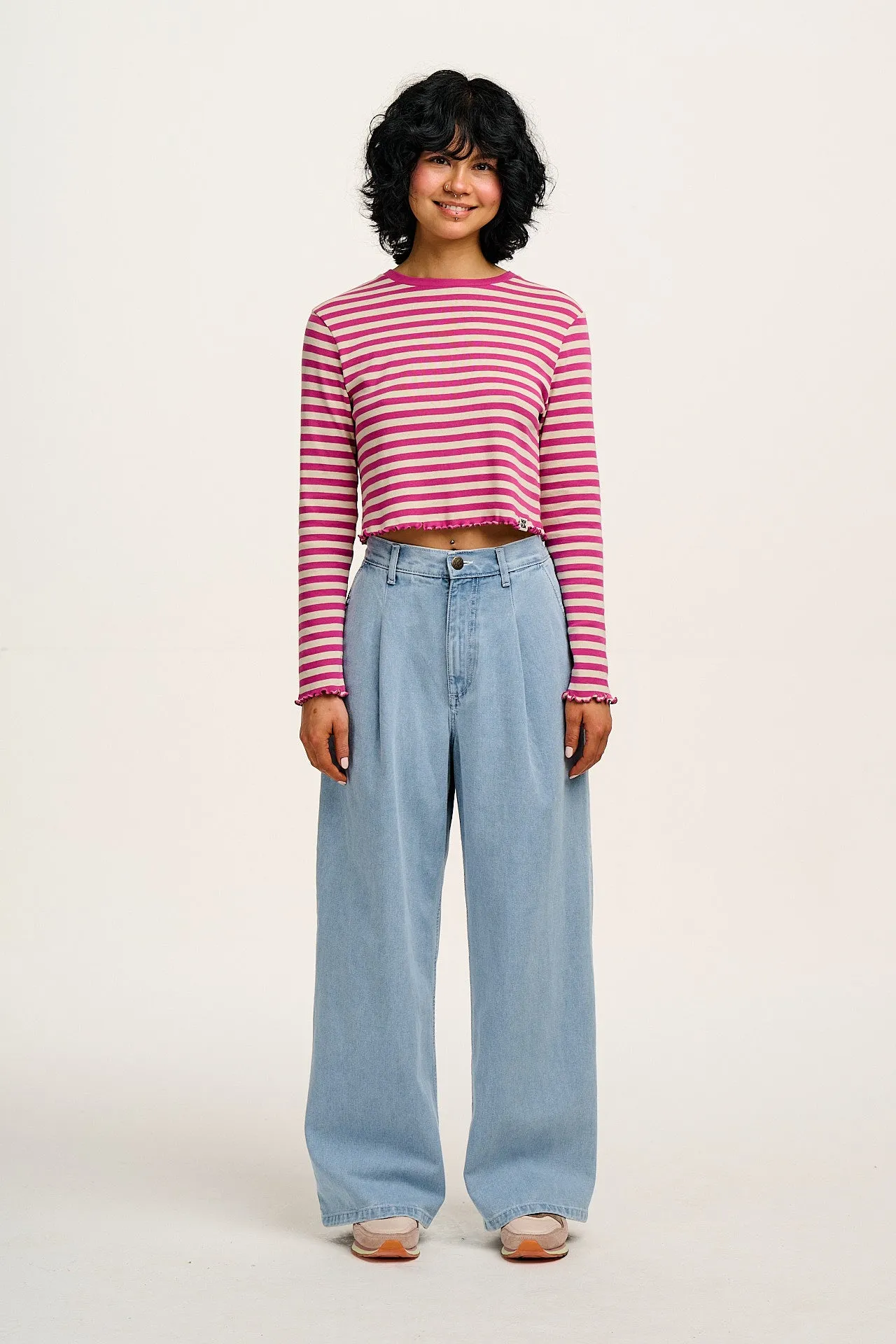 Hansel - Long Sleeve Cotton Crop Top in Dahlia Pink & Ecru Stripe sold by Lucy & Yak product image thumbnail 3