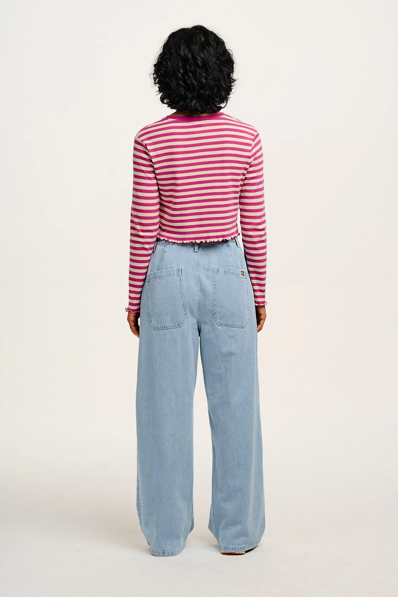 Hansel - Long Sleeve Cotton Crop Top in Dahlia Pink & Ecru Stripe sold by Lucy & Yak product image thumbnail 4