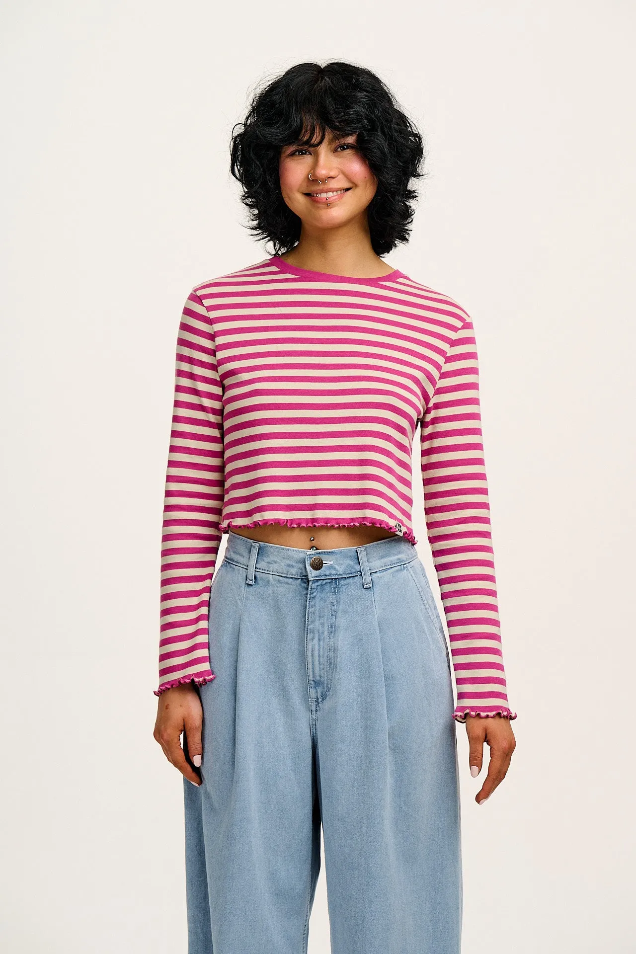Hansel - Long Sleeve Cotton Crop Top in Dahlia Pink & Ecru Stripe sold by Lucy & Yak