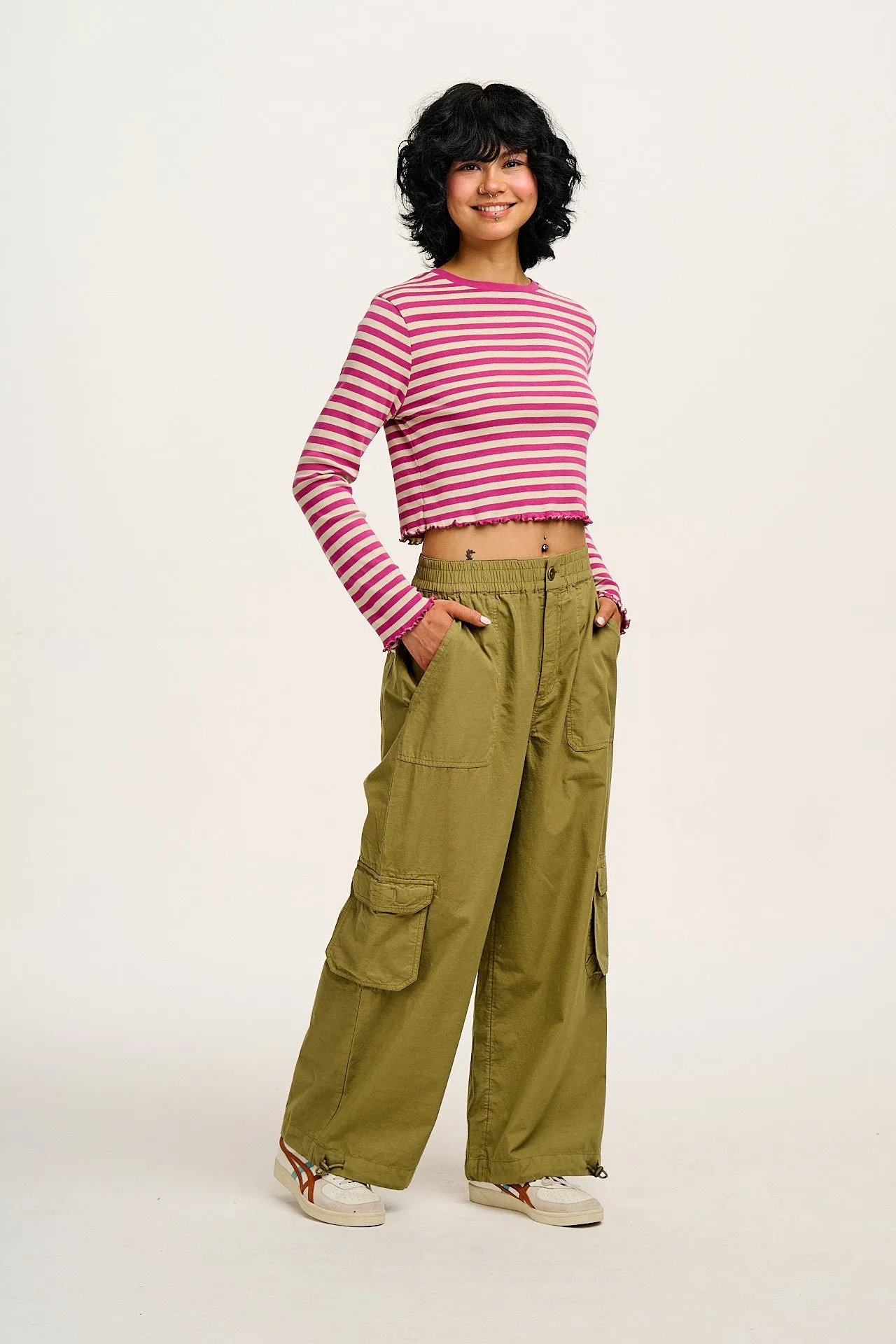 Hansel - Long Sleeve Cotton Crop Top in Dahlia Pink & Ecru Stripe sold by Lucy & Yak product image thumbnail 5
