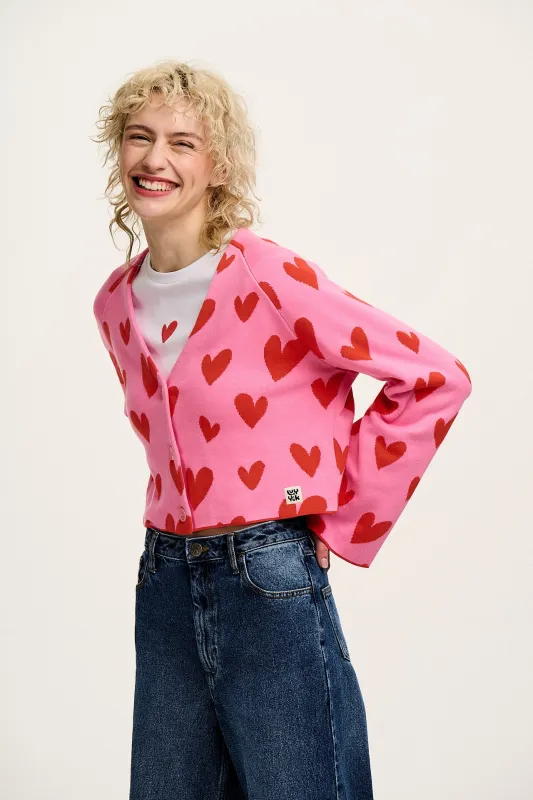 Robyn - V-Neck Knitted Cardigan in Pink Heart Cupid Print sold by Lucy & Yak