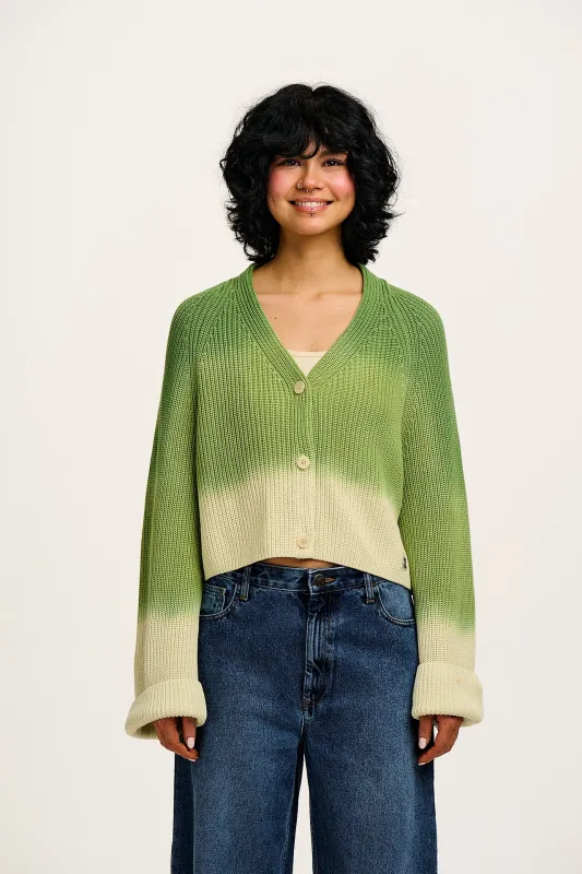 Robyn - V-Neck Cotton Cardigan in Green Cedar Ombre sold by Lucy & Yak