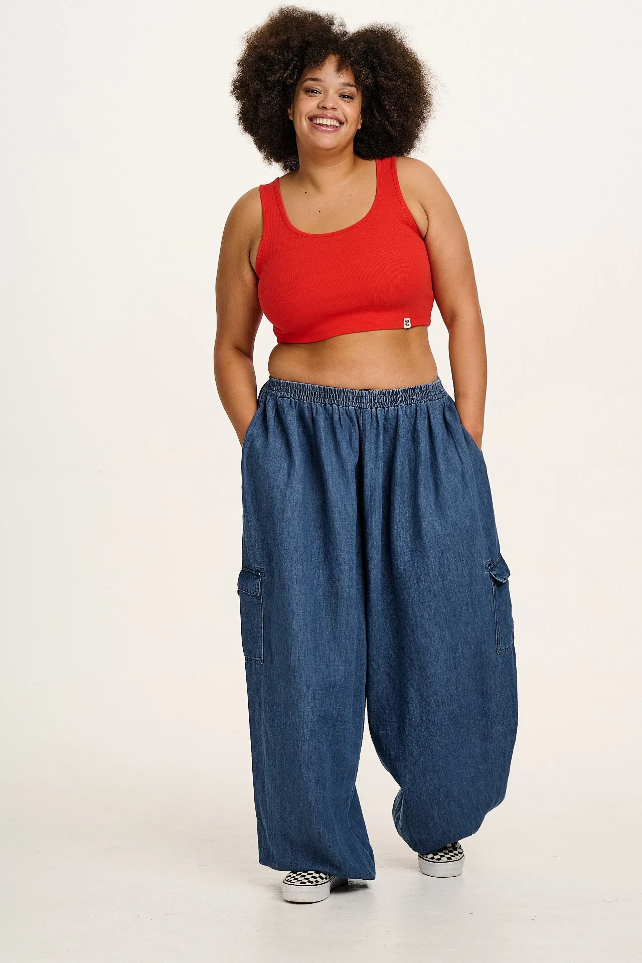 Rumi - Wide Leg Cotton & Hemp Trousers in Mid Wash Blue sold by Lucy & Yak