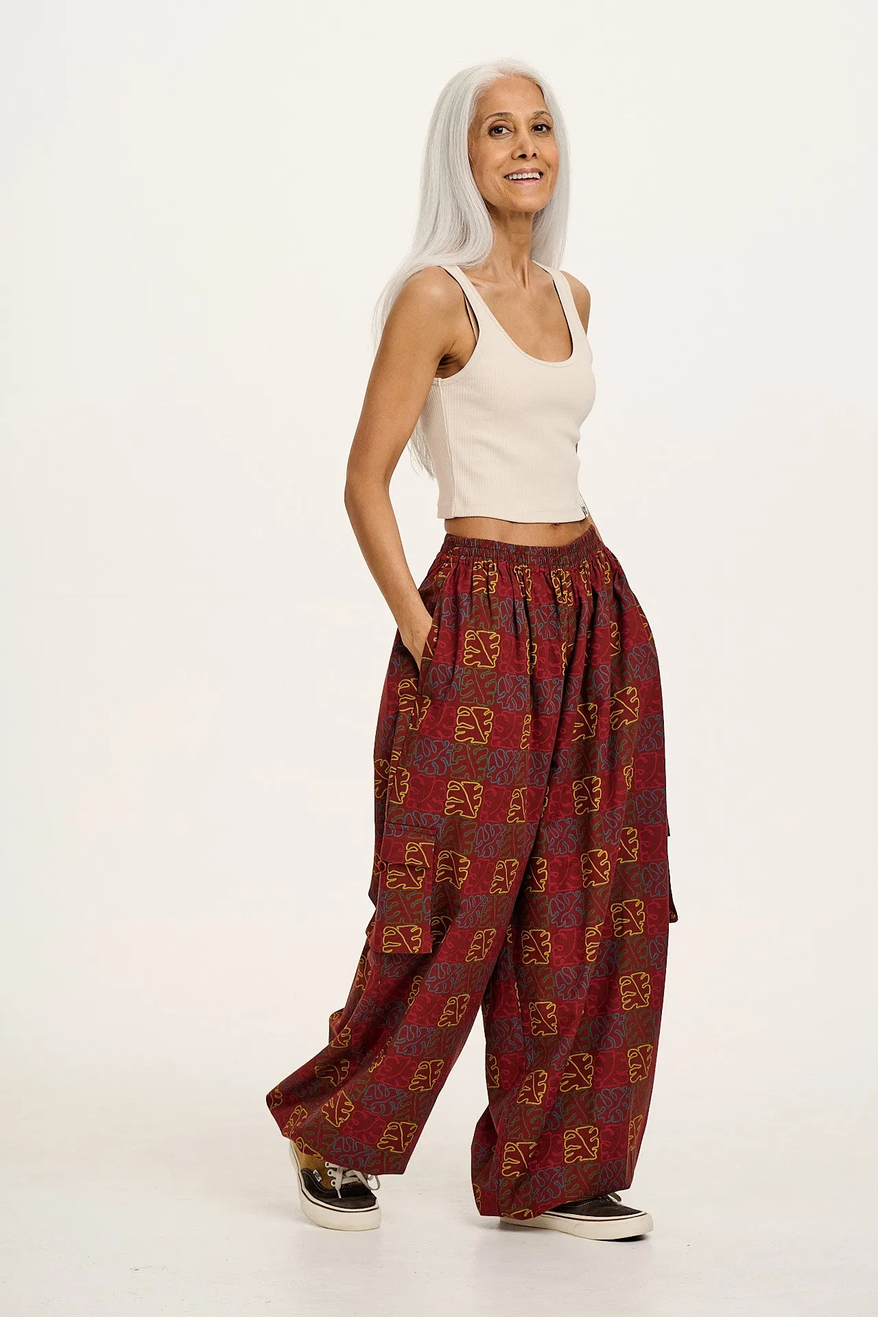 Rumi - Wide Leg Cotton & Linen Trousers in Red Nema Print sold by Lucy & Yak