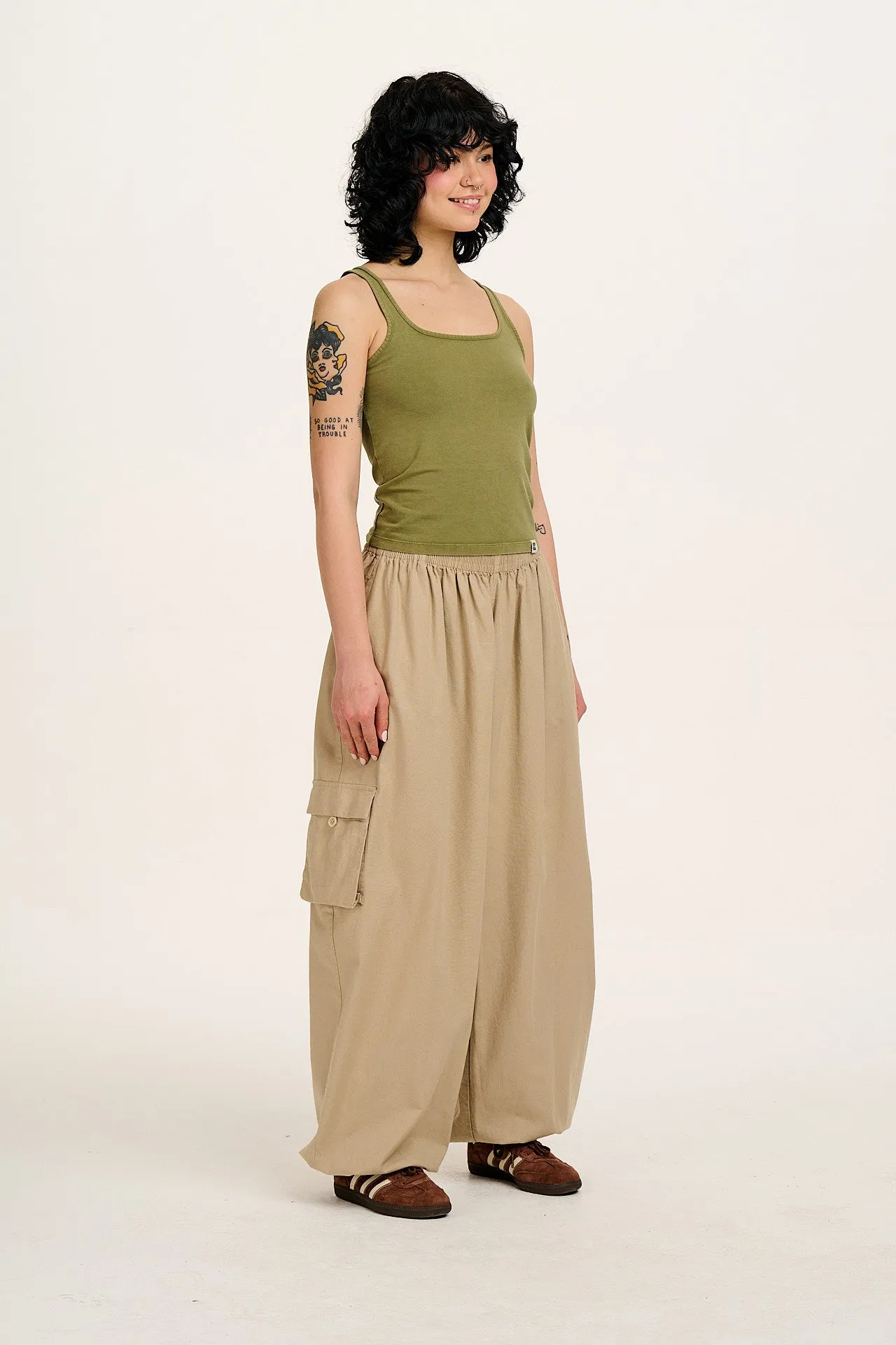 Rumi - Wide Leg Cotton & Linen Trousers in Beige sold by Lucy & Yak