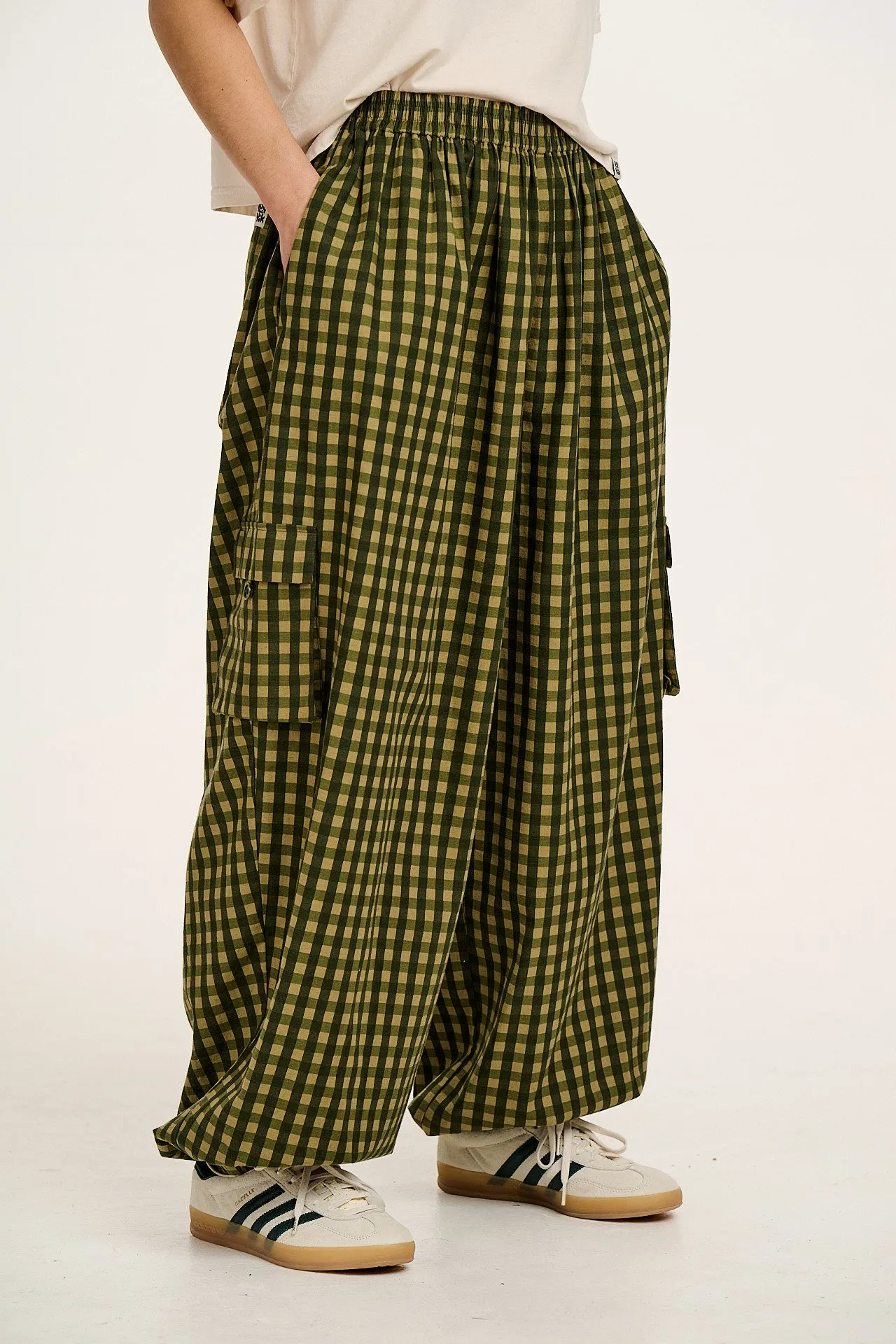 Rumi - Wide Leg Cotton & Linen Trousers in Green Emin Gingham sold by Lucy & Yak product image thumbnail 2