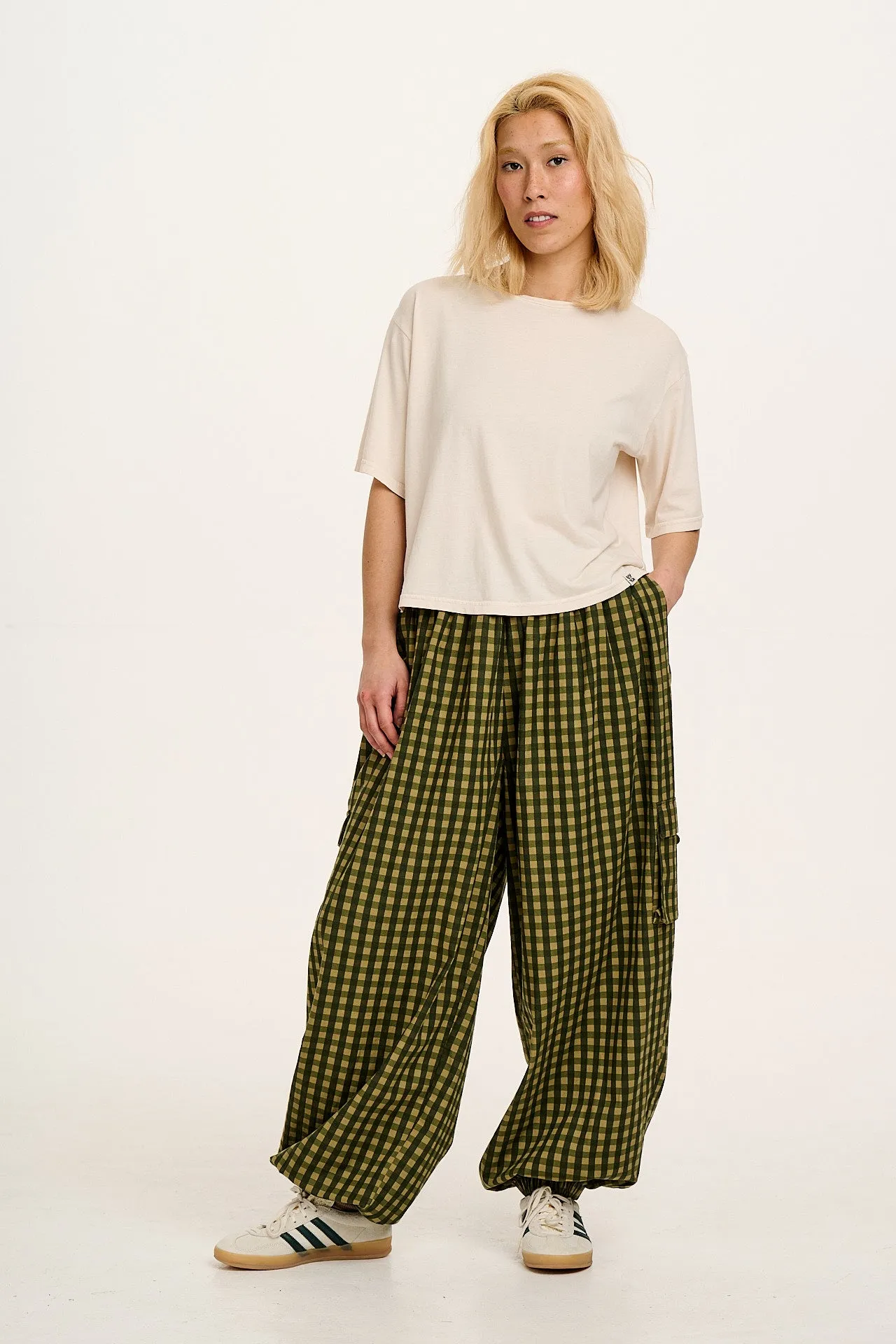 Rumi - Wide Leg Cotton & Linen Trousers in Green Emin Gingham sold by Lucy & Yak product image thumbnail 4
