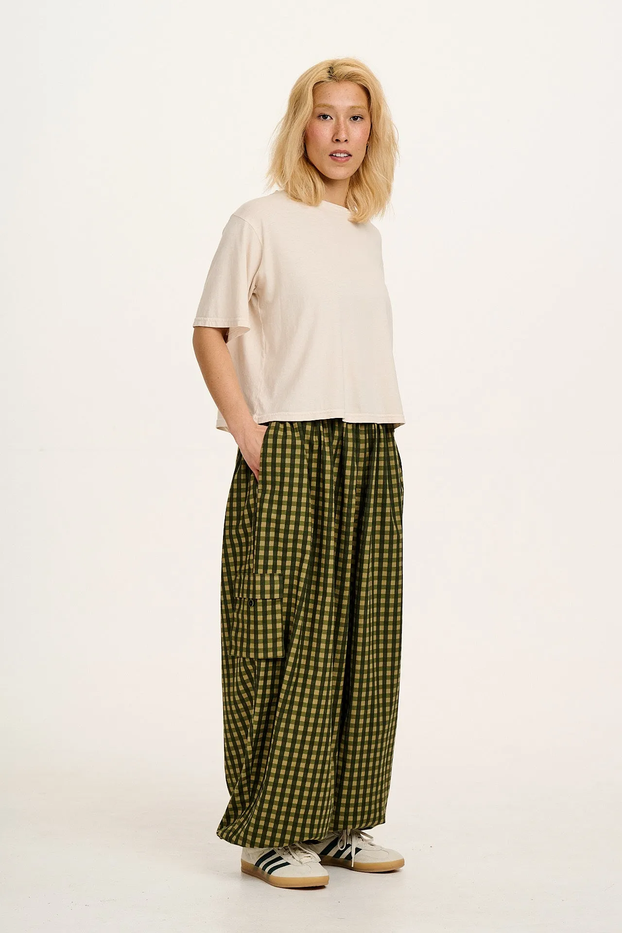 Rumi - Wide Leg Cotton & Linen Trousers in Green Emin Gingham sold by Lucy & Yak