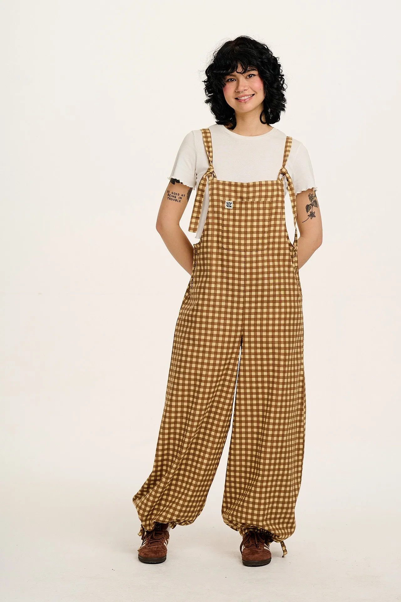 Ali - Wide Leg Cotton Dungarees Brown Birch Gingham Print sold by Lucy & Yak