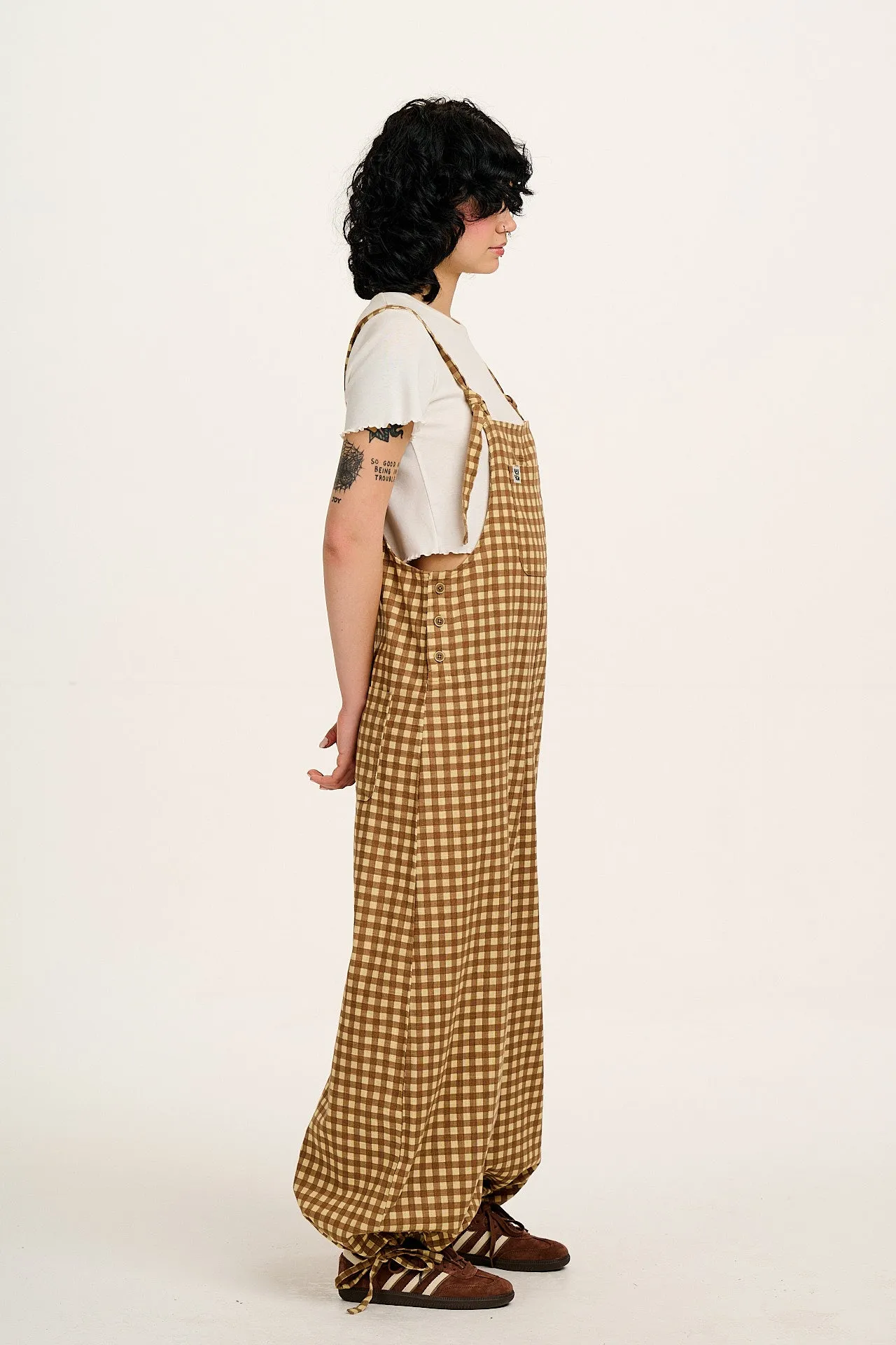 Ali - Wide Leg Cotton Dungarees Brown Birch Gingham Print sold by Lucy & Yak product image thumbnail 4