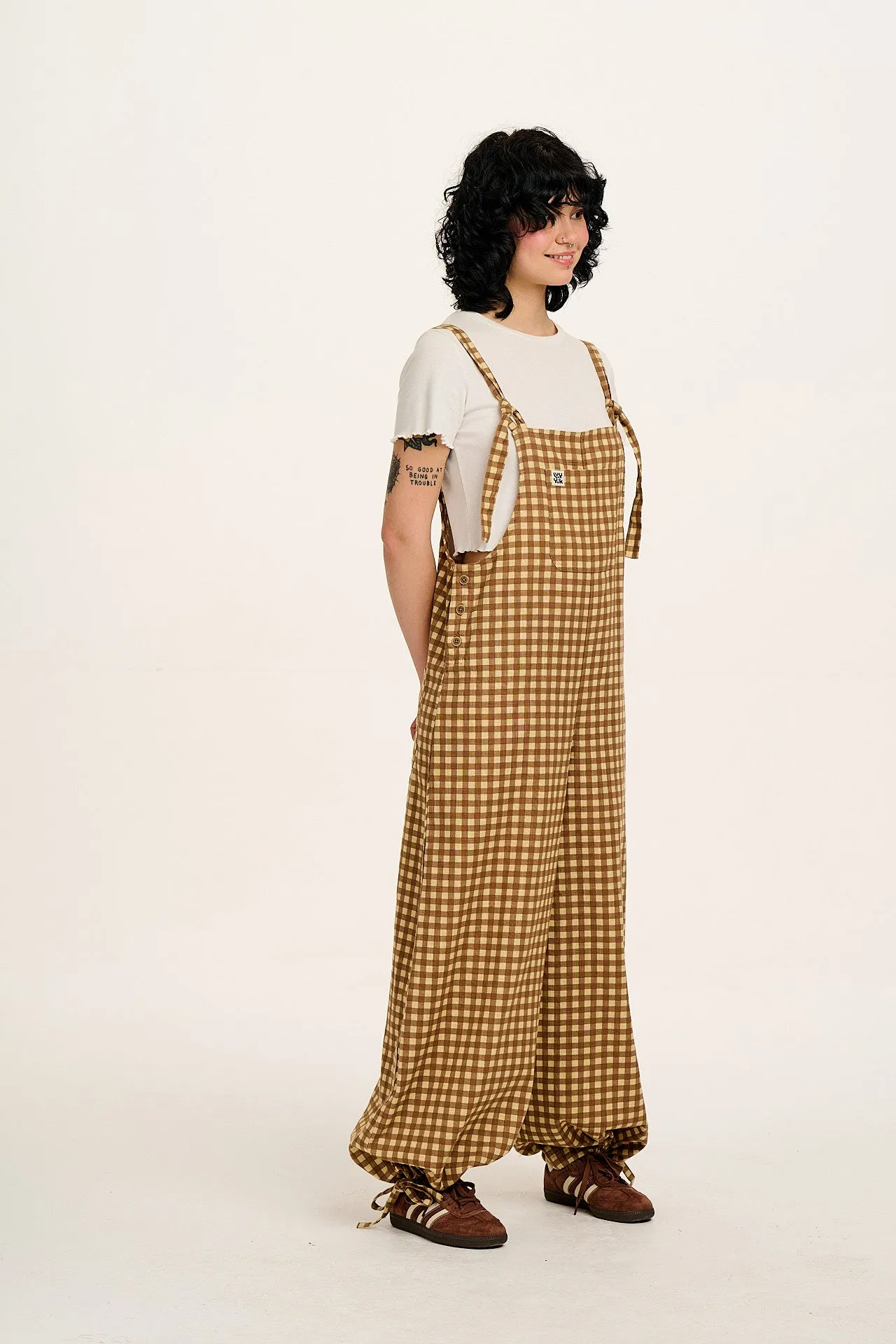 Ali - Wide Leg Cotton Dungarees Brown Birch Gingham Print sold by Lucy & Yak product image thumbnail 5
