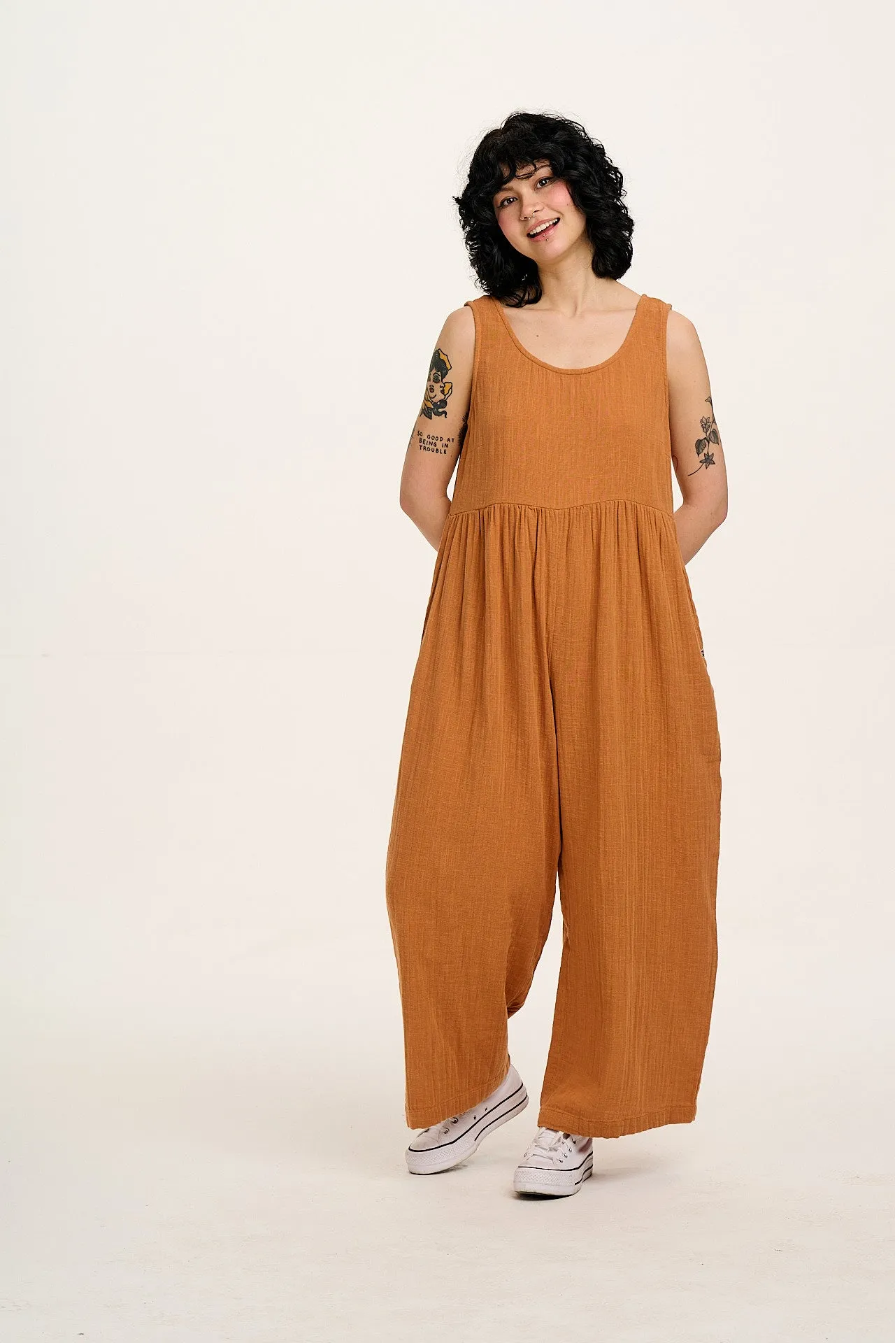 Bellamy - Wide Leg Cotton Jumpsuit in Terracotta sold by Lucy & Yak