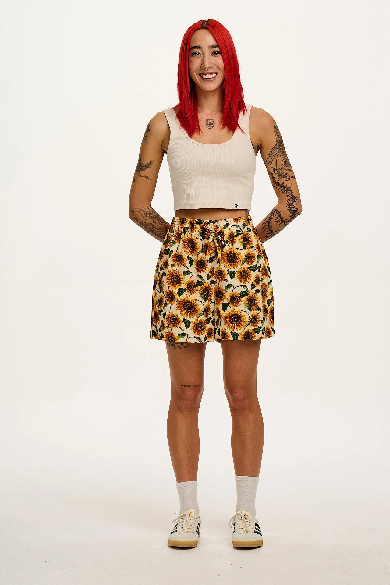 Charlie - Cotton Shorts in Cream Sunflower Print sold by Lucy & Yak