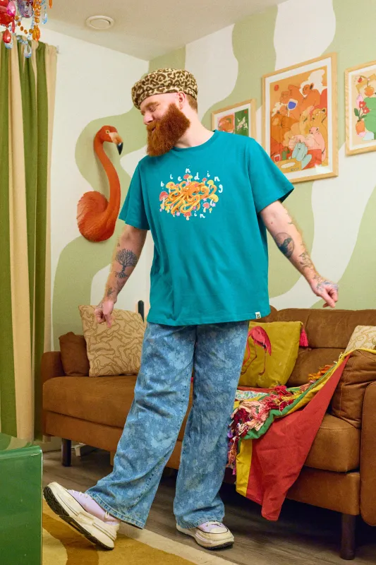 L.E. Denver - Cotton Tee in Teal Octopus Print made by Lucy & Yak