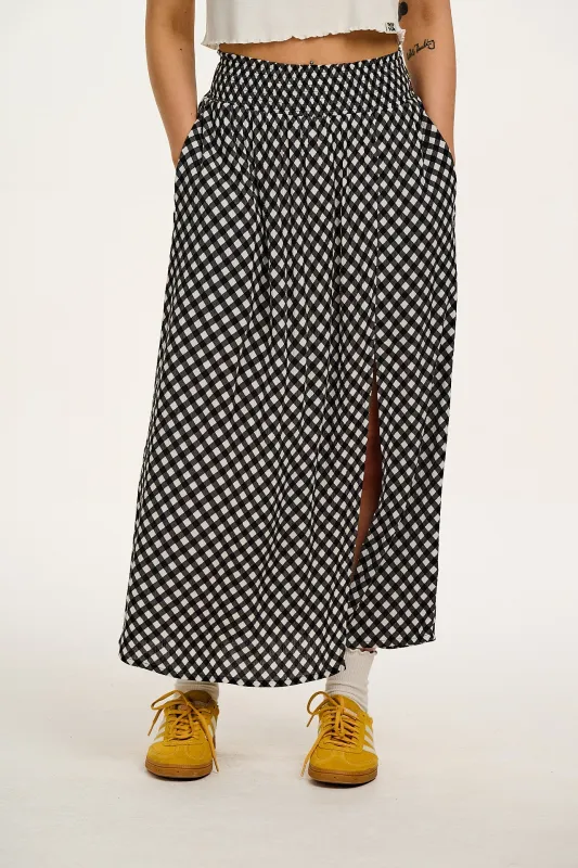 Poppy - Elasticated Waist Skirt in Black & White Gingham sold by Lucy & Yak