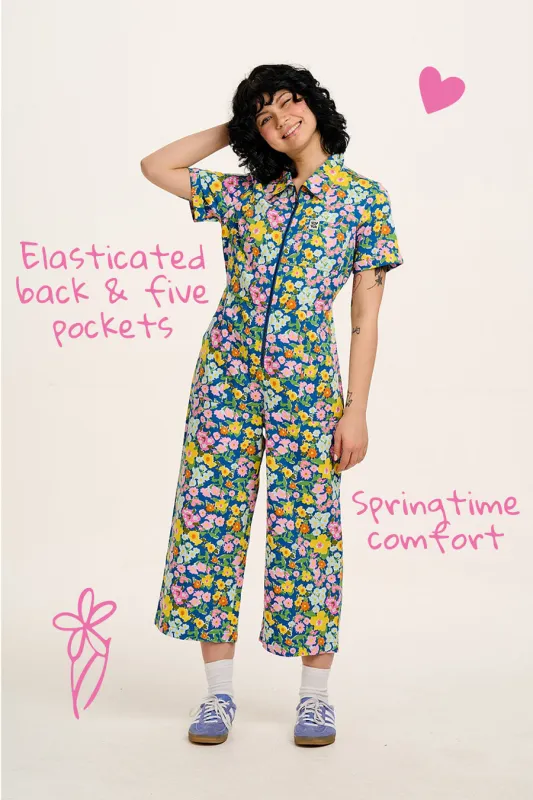 Ragan - Cotton Jumpsuit in Island Blooms Scribbled Floral Print sold by Lucy & Yak