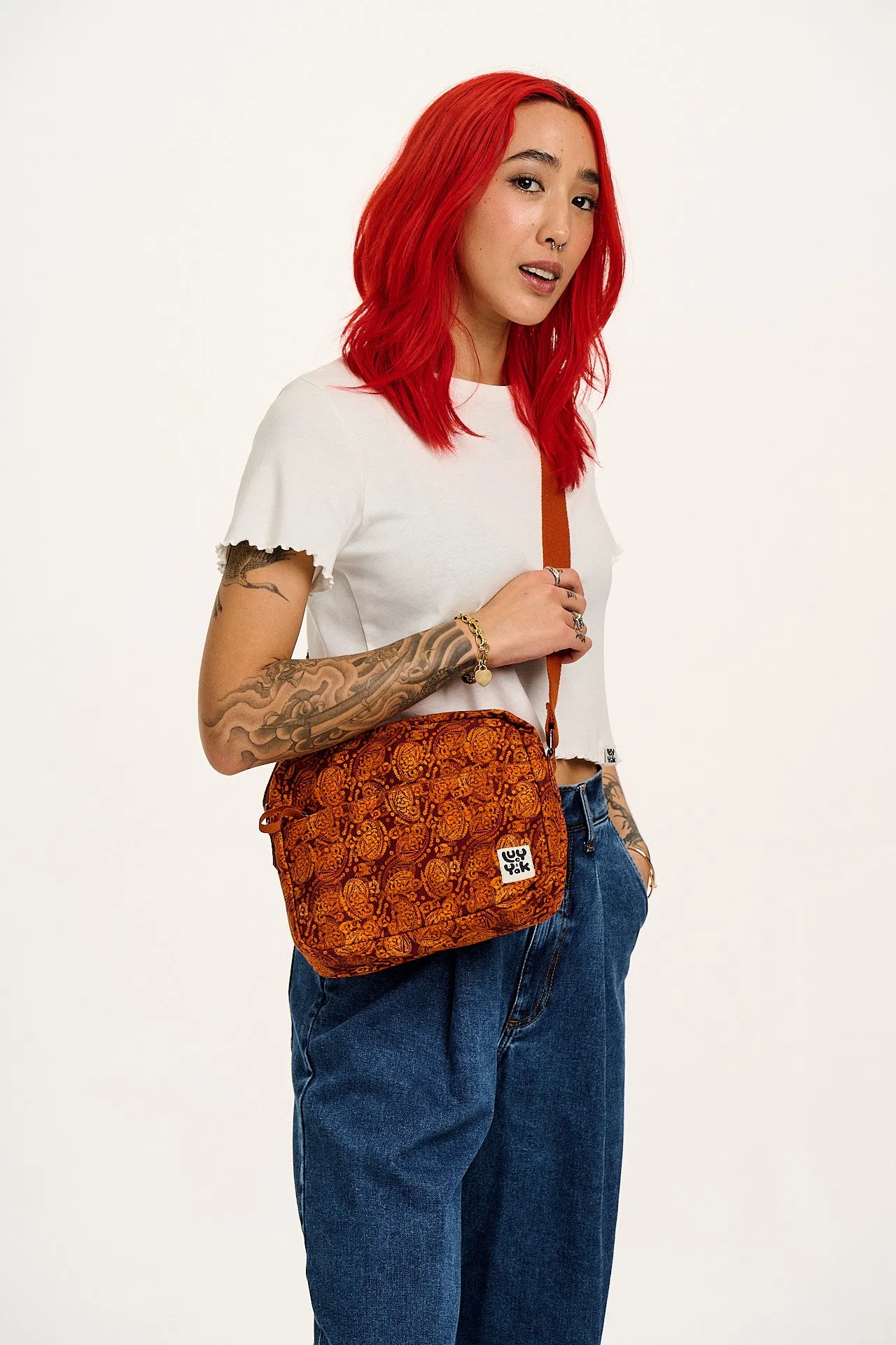 Dara - Cotton Crossbody Bag in Orange Callie Print sold by Lucy & Yak