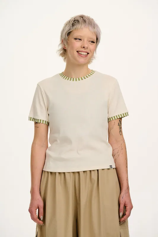 Maya - Cotton Tee in Ecru with Green Stripe sold by Lucy & Yak