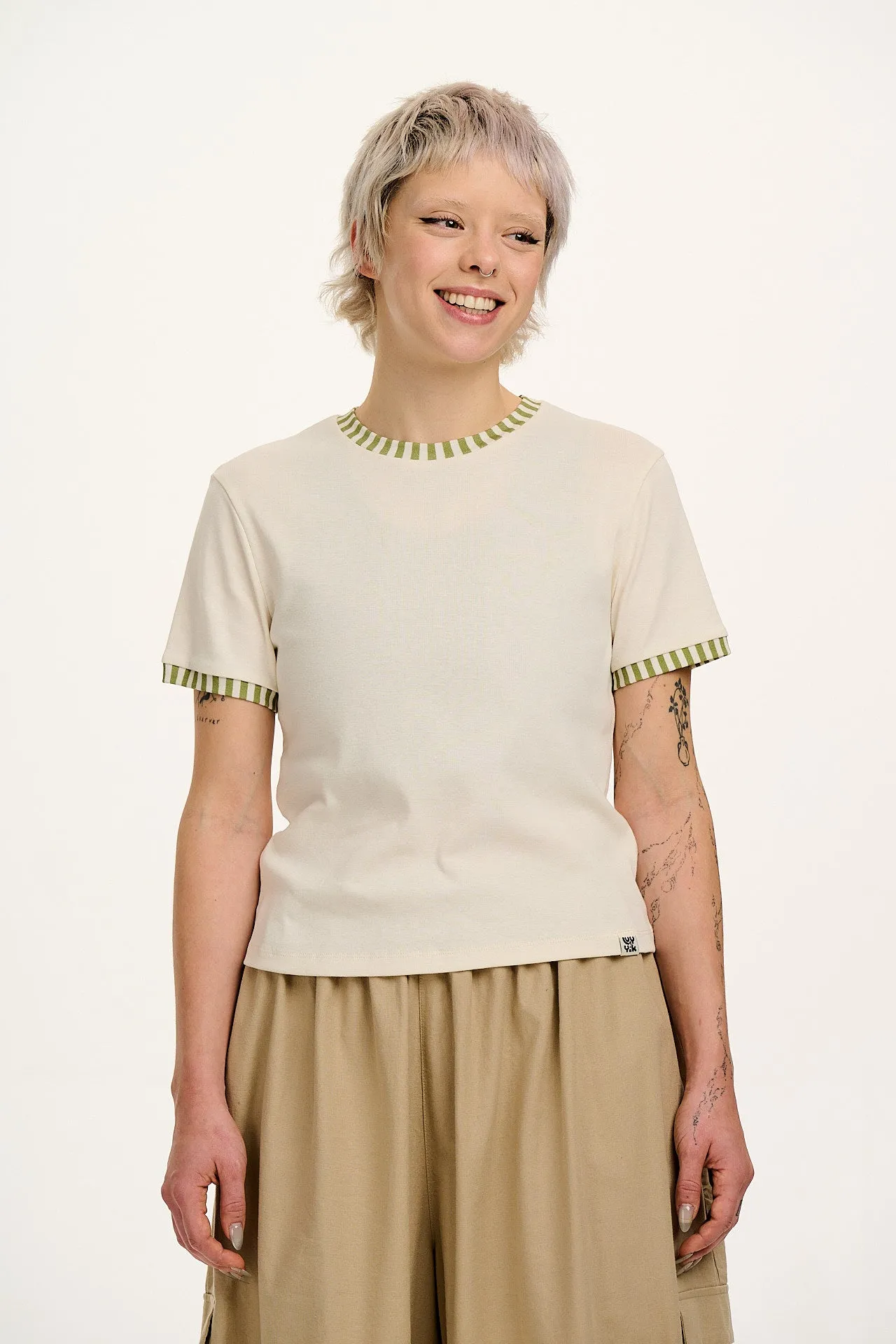 Maya - Cotton Tee in Ecru with Green Stripe sold by Lucy & Yak