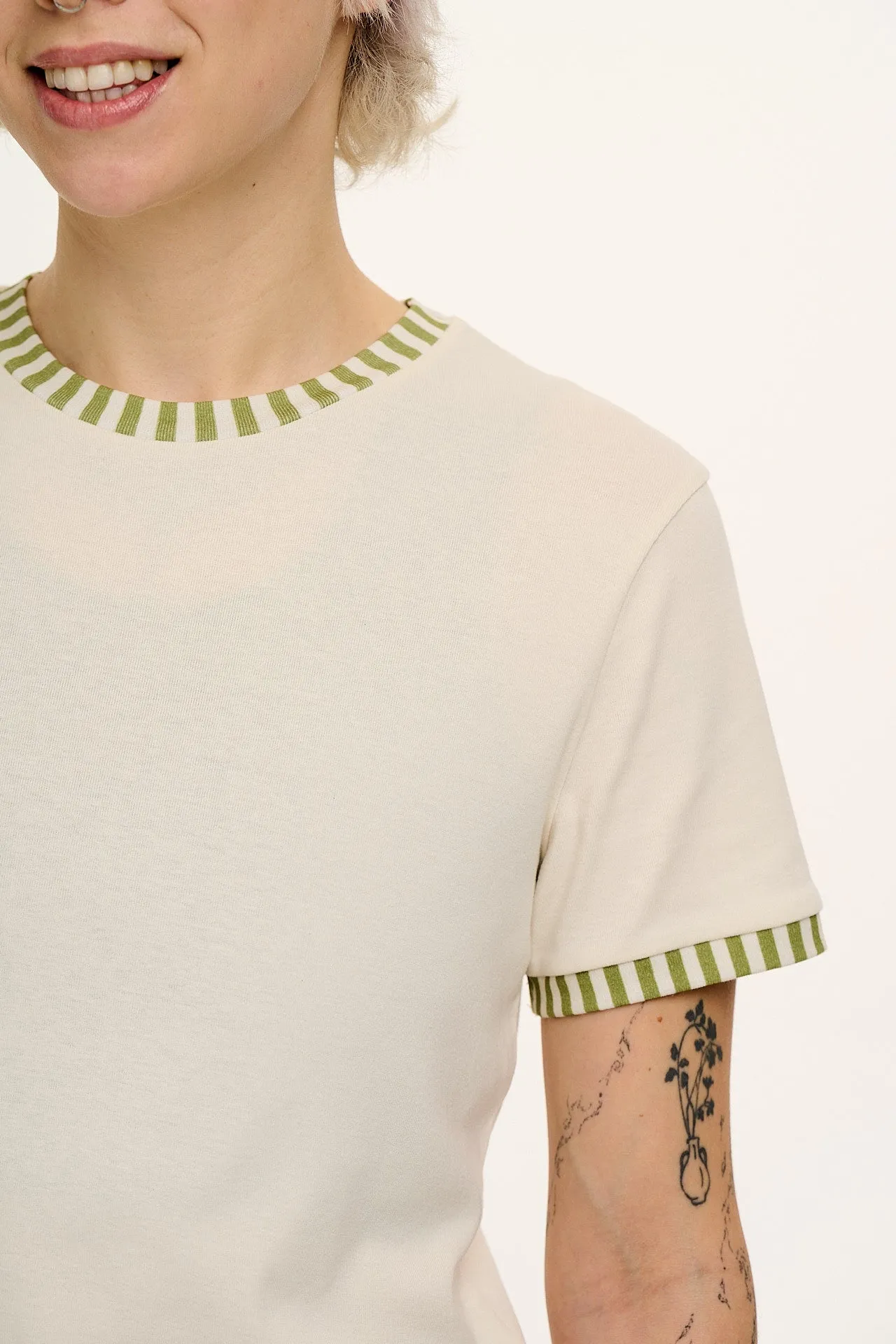 Maya - Cotton Tee in Ecru with Green Stripe sold by Lucy & Yak product image thumbnail 2