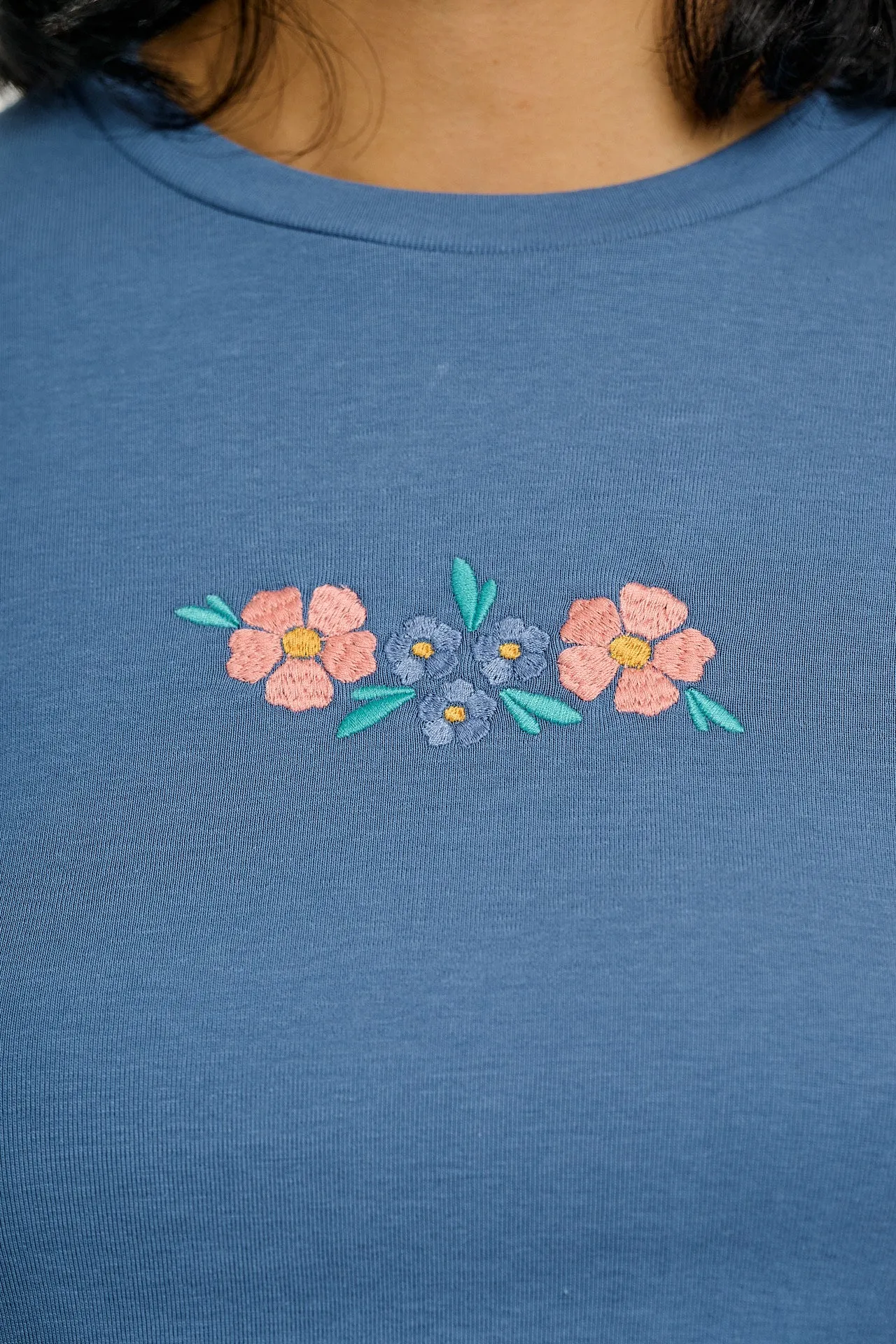 Greta - Cropped Cotton Top in Blue with Floral Embroidery sold by Lucy & Yak product image thumbnail 2
