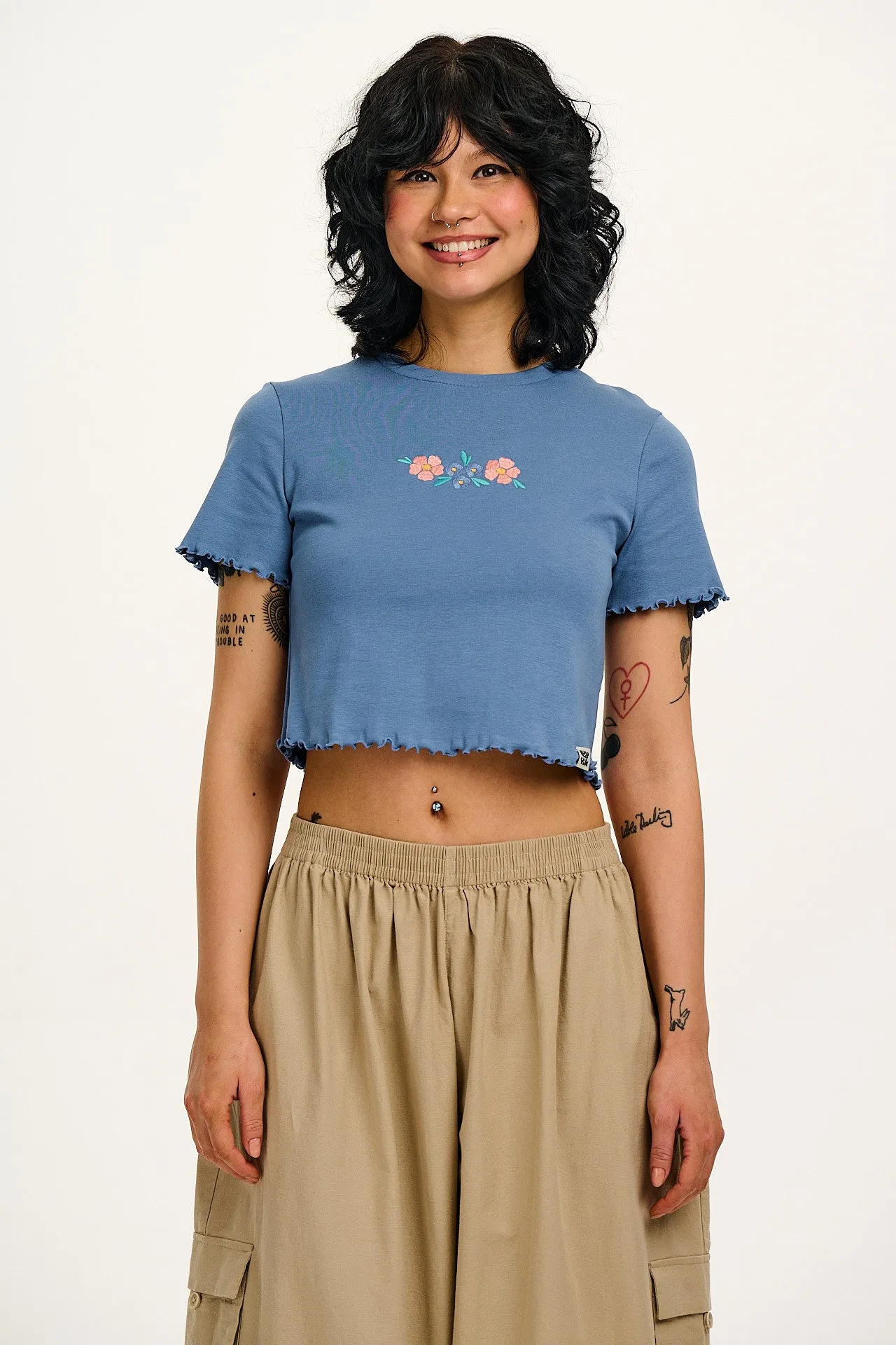 Greta - Cropped Cotton Top in Blue with Floral Embroidery sold by Lucy & Yak