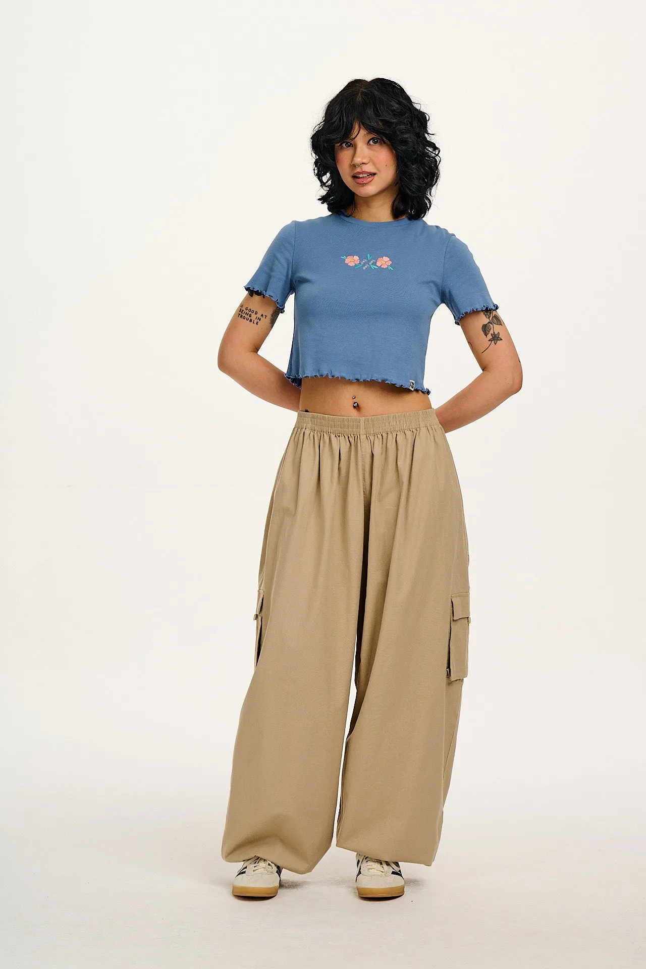 Greta - Cropped Cotton Top in Blue with Floral Embroidery sold by Lucy & Yak product image thumbnail 4
