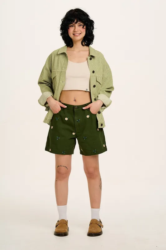 Lexi - High Waist Cotton Shorts in Green with Frankie Floral Embroidery sold by Lucy & Yak