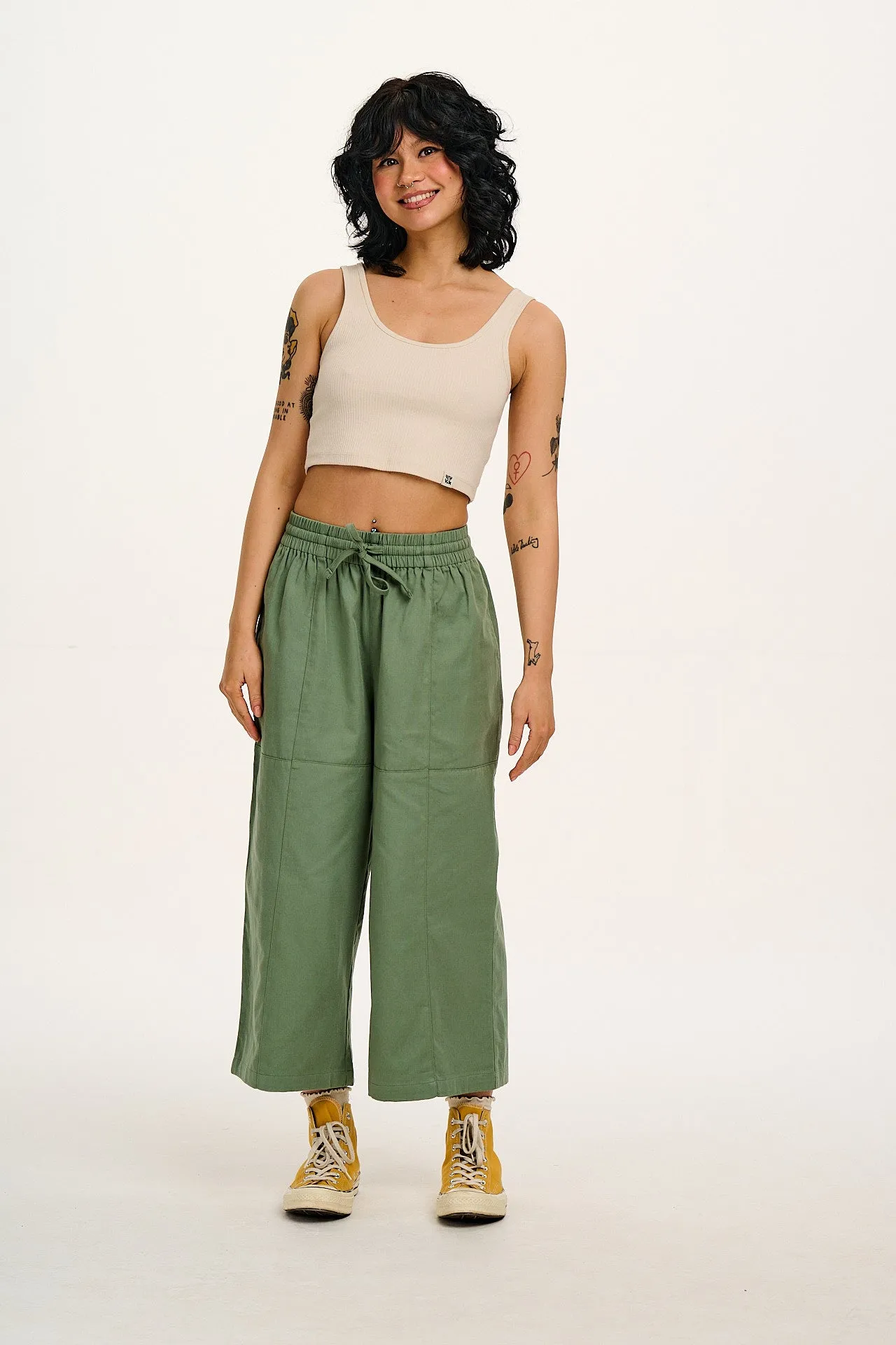 Chuck - Wide Leg Cotton Trousers in Green Bay sold by Lucy & Yak