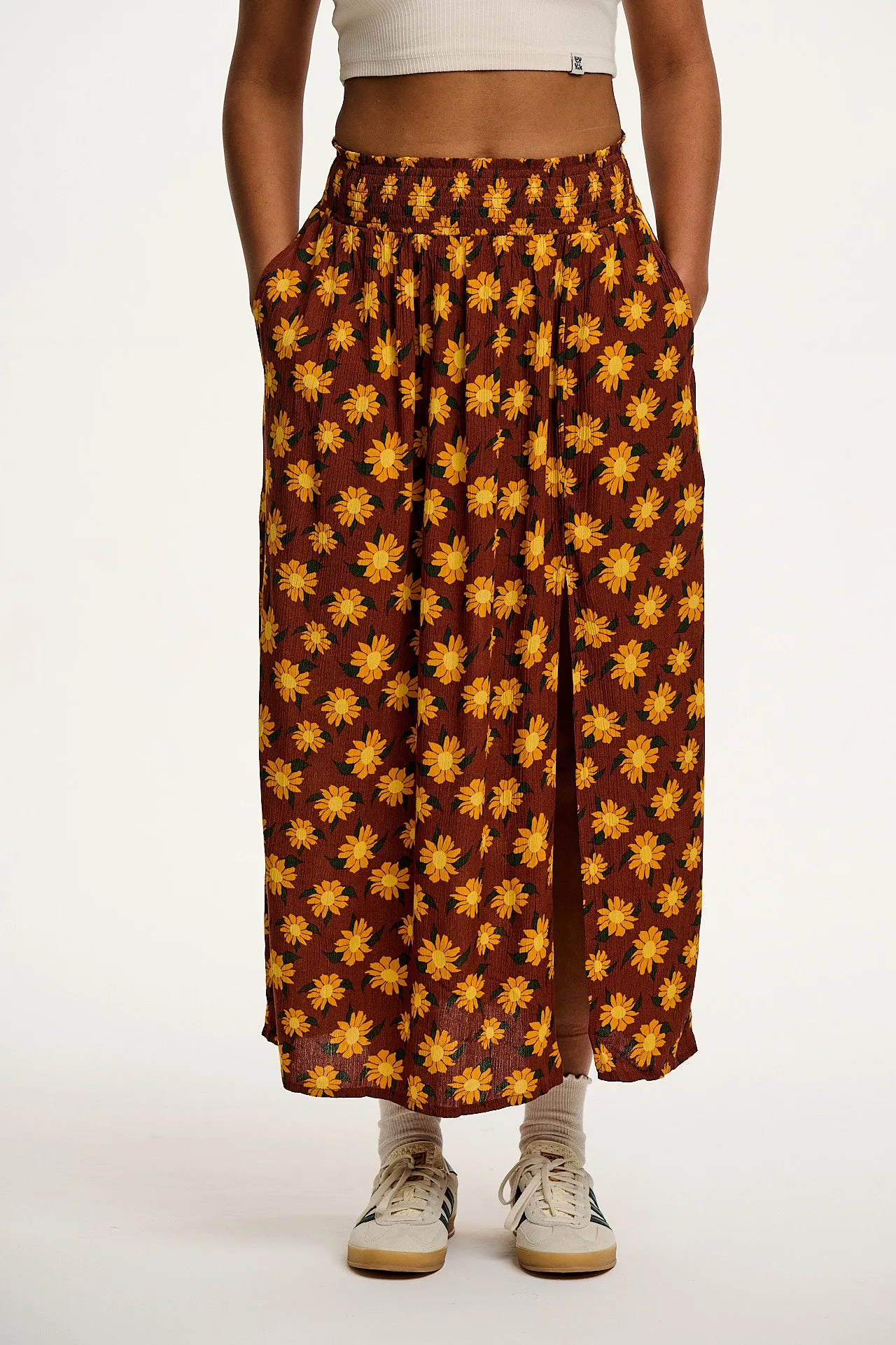 Poppy - Elasticated Waist Skirt in Orange Selene Sunflower Print sold by Lucy & Yak product image thumbnail 2