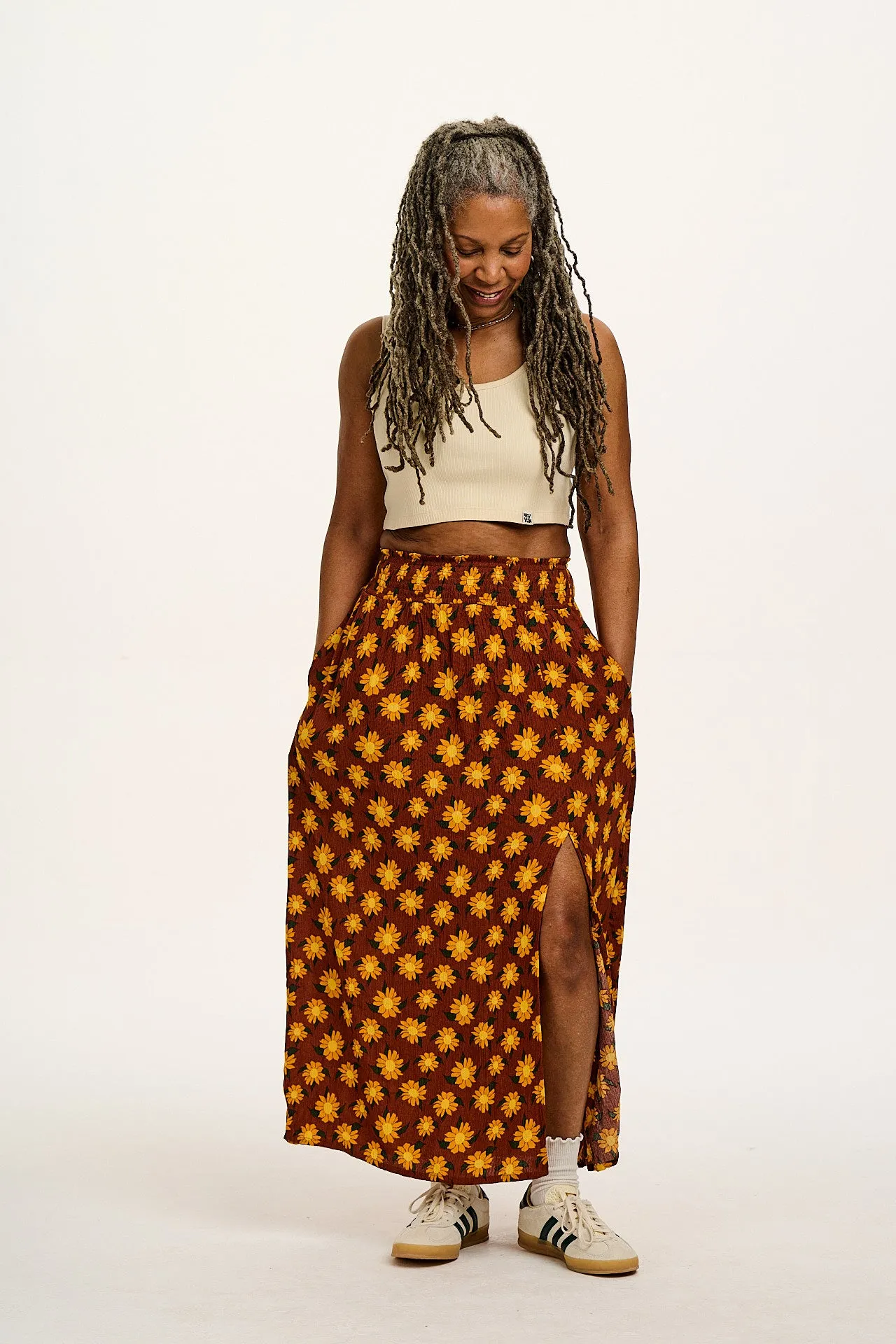 Poppy - Elasticated Waist Skirt in Orange Selene Sunflower Print sold by Lucy & Yak product image thumbnail 5