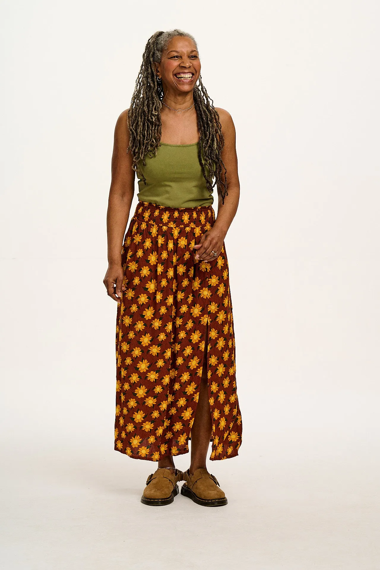 Poppy - Elasticated Waist Skirt in Orange Selene Sunflower Print sold by Lucy & Yak