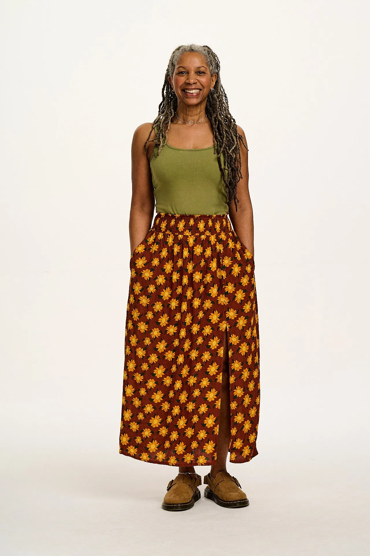 Poppy - Elasticated Waist Skirt in Orange Selene Sunflower Print sold by Lucy & Yak product image thumbnail 3