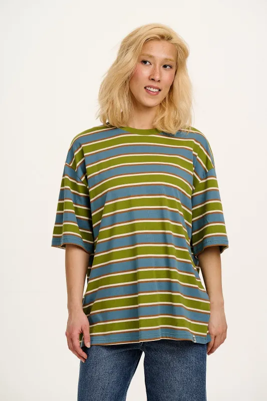 Benny - Oversized Cotton Tee in Blue & Green Trix Stripe sold by Lucy & Yak
