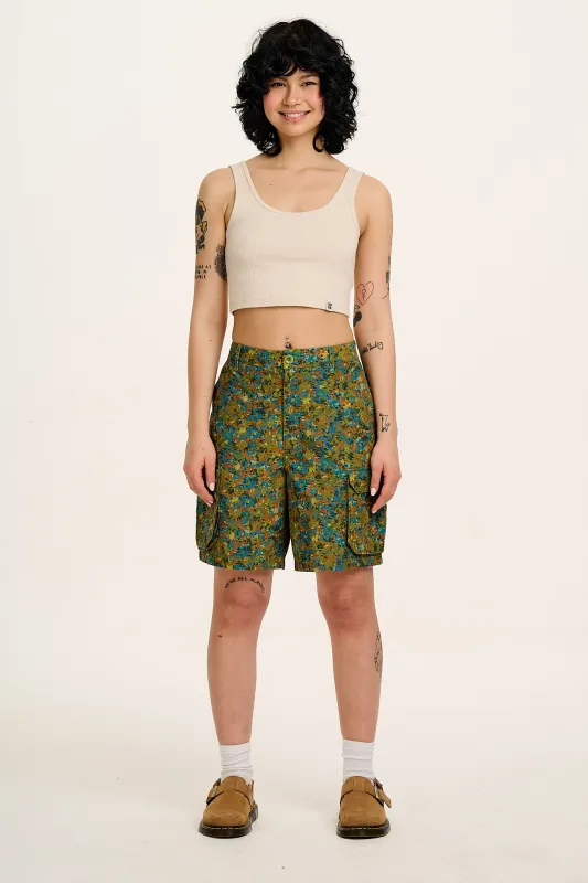Avery - Cotton Cargo Shorts in Green Trix Floral Print sold by Lucy & Yak